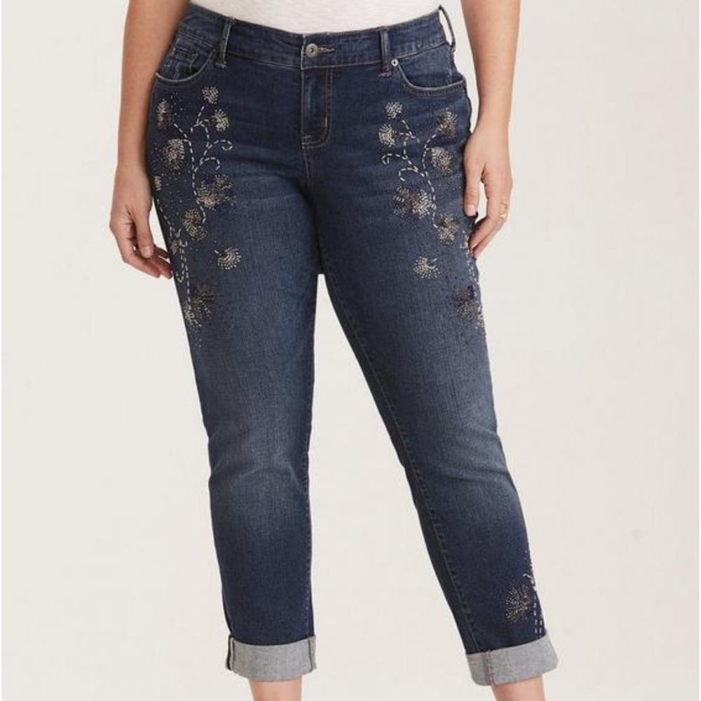 NWT Vintage Premium Boyfriend Jeans - Dark Wash with Beaded Embellishments - Picture 7 of 14